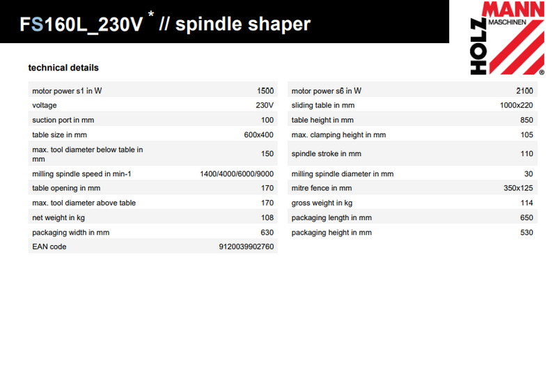 Holzmann FS160L Spindle Moulder Shaper 230V