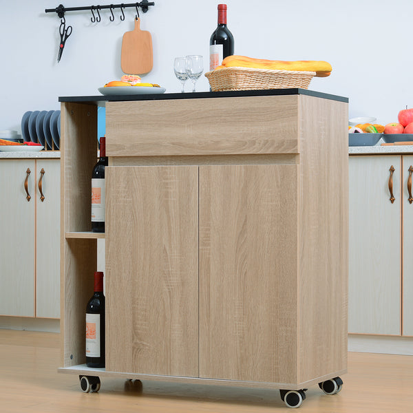 HOMCOM Kitchen Storage Trolley Cart Cupboard Rolling Island Shelves Cabinet With Door and Drawer Locking Wheels
